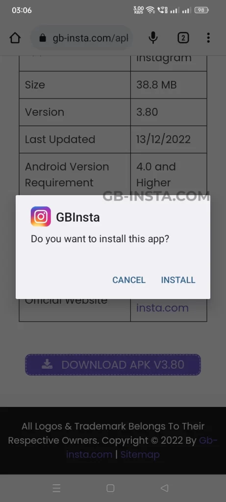 Installing GB Instagram Apk